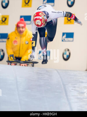 Koenigssee, Germany. 27th Jan, 2017. Tina Hermann starting on the ice rink at at the bobsleigh world cup in Schoenau am Koenigssee, Germany, 27 January 2017. Credit: dpa picture alliance/Alamy Live News Stock Photo