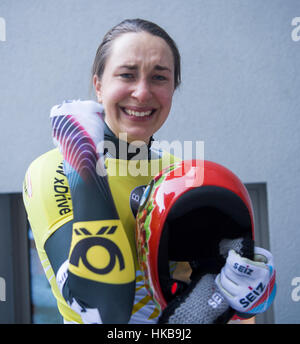 Koenigssee, Germany. 27th Jan, 2017. Jacqueline Loelling cheering her first place at the finish line of the ice rink at the bobsleigh world cup in Schoenau am Koenigssee, Germany, 27 January 2017. Credit: dpa picture alliance/Alamy Live News Stock Photo