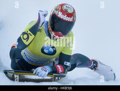 Koenigssee, Germany. 27th Jan, 2017. Jacqueline Loelling cheering her first place on the ice rink at the bobsleigh world cup in Schoenau am Koenigssee, Germany, 27 January 2017. Credit: dpa picture alliance/Alamy Live News Stock Photo