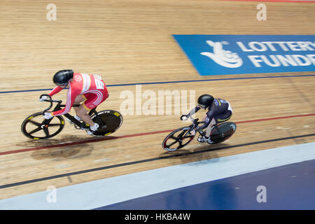 Manchester, UK. 27th Jan, 2017. Rachael James beats Lauren Bate-Lowe making it to the semi finals in the womens sprint during HSBC 2017 UK National Track Championships at National Cycling Centre, Manchester. Photo by Dan Cooke. 27 January 2017 Credit: Dan Cooke/Alamy Live News Stock Photo