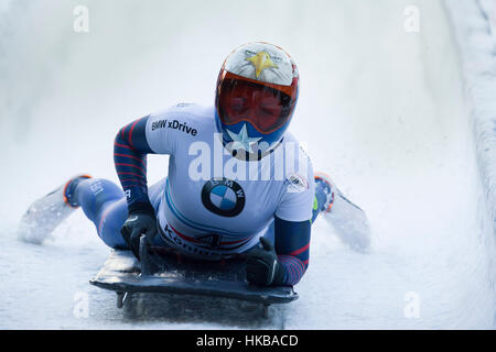 Schoenau Am Koenigssee, Germany. 27th Jan, 2017. Katie Uhlaender from the US in action during the Skeleton World Cup at the artificial ice track in Schoenau Am Koenigssee, Germany, 27 January 2017. Photo: Peter Kneffel/dpa/Alamy Live News Stock Photo