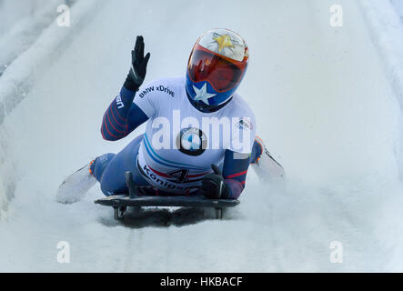 Schoenau Am Koenigssee, Germany. 27th Jan, 2017. Katie Uhlaender from the US in action during the Skeleton World Cup at the artificial ice track in Schoenau Am Koenigssee, Germany, 27 January 2017. Photo: Peter Kneffel/dpa/Alamy Live News Stock Photo