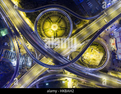 Wuhan, Wuhan, China. 2nd Mar, 2016. A bird's eye view of Wuhan. On and off ramps on a freeway with night lighting from above. Aerial view of spaghetti junction. Credit: SIPA Asia/ZUMA Wire/Alamy Live News Stock Photo