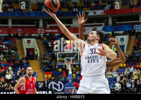 Moscow, Russia. 27th Jan, 2017. Thomas Heurtel (front) of Anadolu Efes Istanbul from Turkey goes up for the basket during the regular season round 20 Euroleague basketball game against CSKA Moscow of Russia in Moscow, Russia. Credit: Evgeny Sinitsyn/Xinhua/Alamy Live News Stock Photo