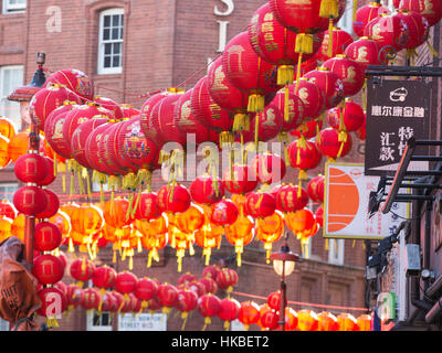 London, UK. 28 January 2017. Red lanterns in Chinatown. Chinese New Year celebrations in London's Chinatown for the Year of the Rooster. © Vibrant Pictures/Alamy Live News Stock Photo