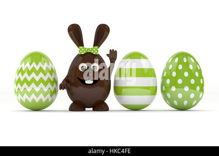 3d rendering of Easter chocolate bunny in row with painted eggs isolated over white background Stock Photo