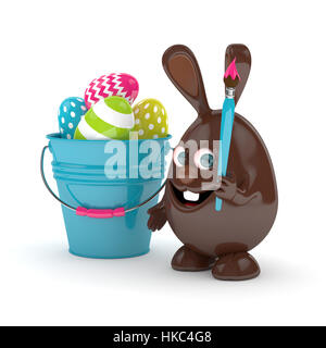 3d rendering of Easter chocolate bunny with pail and  painted eggs over white Stock Photo