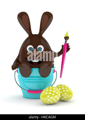 3d rendering of Easter chocolate bunny with pail and  painted eggs over white Stock Photo
