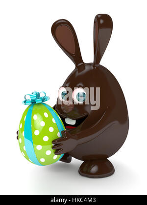 3d rendering of Easter chocolate bunny holding present egg isolated over white background Stock Photo