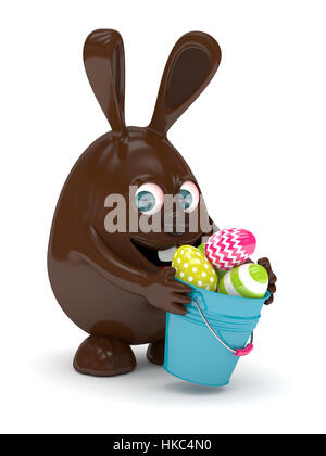 3d rendering of Easter chocolate bunny holding pail with eggs isolated over white background Stock Photo