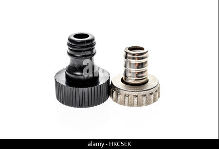 Different Garden water hose nozzle or connectors isolated on white background Stock Photo