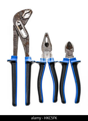 Set of old, used pliers isolated in studio. Color photo od different blue pliers set. Stock Photo