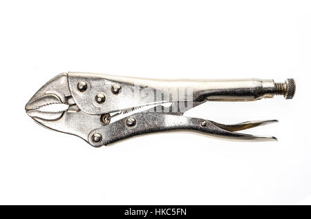 Old locking pliers on white background, Locking Pliers With Closed Jaws on white background Stock Photo