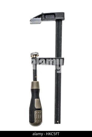 Two black and grey Carpenter clamp isolated on white background. Concept of zip, rar and compress. Stock Photo