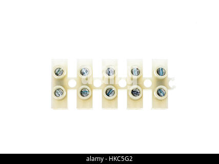 Electrical connector or terminal blocks clamps for electric cables and wires isolated on white background. Different connectors. Stock Photo