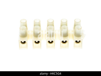 Electrical connector or terminal blocks clamps for electric cables and wires isolated on white background. Different connectors. Stock Photo
