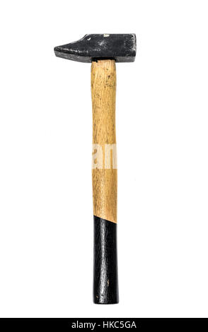 Old, used hammer isolated on a white background. Black and yellow working tool with wooden handle and metal head. Stock Photo