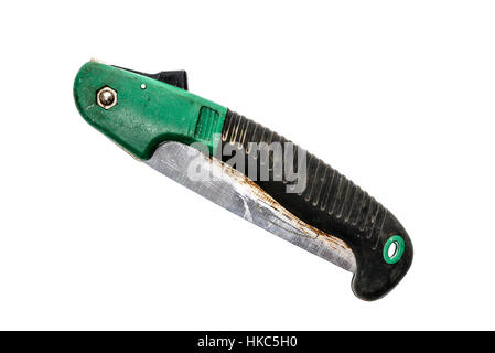 Folding Pocket Saw isolated on  white background. Closed saw with green handle Stock Photo