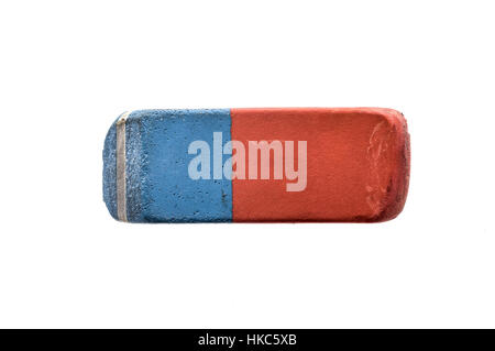 Used Blue and Red Rubber Pen Eraser isolated on white background Stock Photo