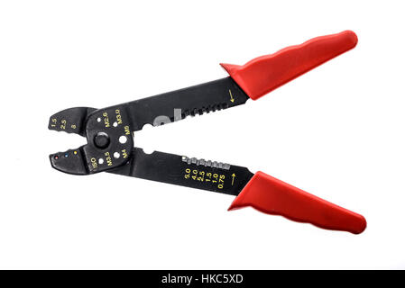 Old Precision Steel Wire and Cable Cutter Stripper Pliers isolated on white background. Stock Photo