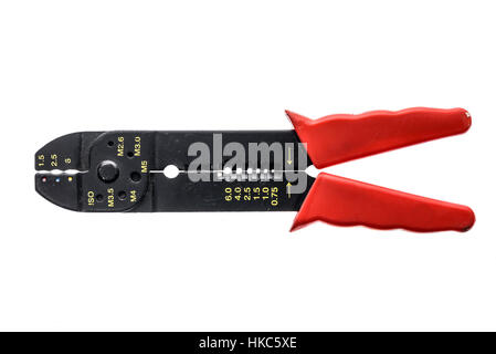 Old Precision Steel Wire and Cable Cutter Stripper Pliers isolated on white background. Stock Photo