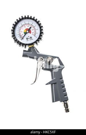 Air compressor gun with manometer isolated on a white background. Close up of blow gun for compressed air as a part of air compressor system with mano Stock Photo