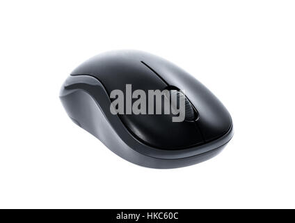 Front view od black wireless computer mouse isolated on white background. Electronic instrument for user input control with computer industry. Stock Photo