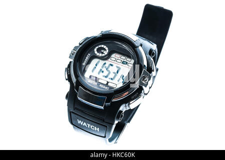 Smart sport black digital wristwatch isolated on a white background. Generic water resistant man watch Stock Photo