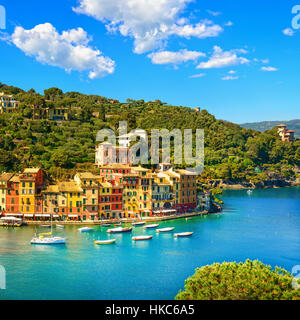 Portofino luxury landmark aerial panoramic view. Village and yacht in little bay harbor. Liguria, Italy Stock Photo