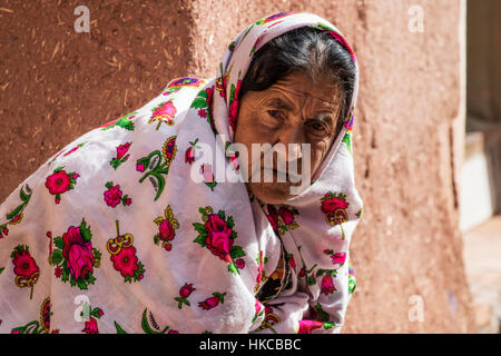 Abyanaki elderly woman; Abyaneh, Esfahan, Iran Stock Photo