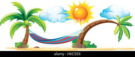 Beach scene with hammock on coconut trees illustration Stock Vector