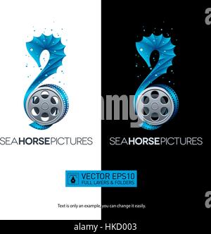 Seahorse-shaped movie concept with film reel for your designs. Isolated vector illustration logo on black and white background. Full layers and folder Stock Vector