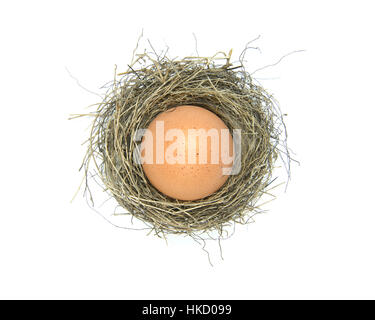 A bird nest filled with a large hen's egg viewed from above on a white ...