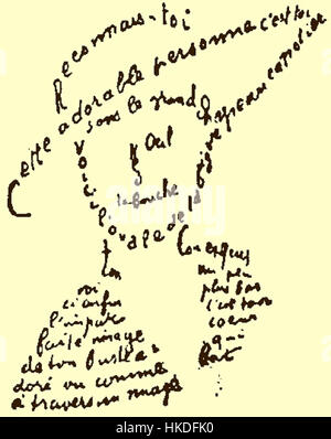 The term 'Calligramme' refers to a form of visual poetry where the layout of the text is arranged in the shape of its subject. This artwork is a representation of this literary technique, blending words and images to create a meaningful visual piece. Stock Photo