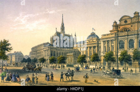 This 19th-century painting titled 'Paris Vue du Palais de Justice' depicts a view of the Palais de Justice in Paris. The artwork captures the architectural grandeur and historical significance of the building, located on the Île de la Cité. Stock Photo
