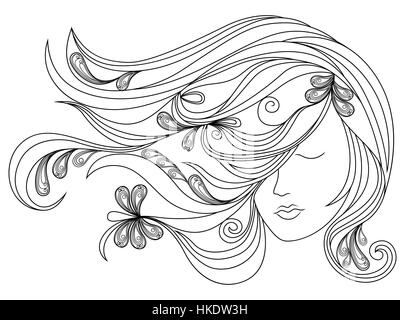 Beautiful female head with long adorned flowing hair, vector outline Stock Vector