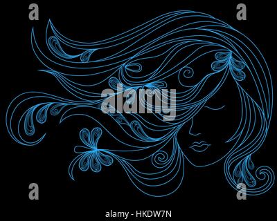 Beautiful female head with long adorned flowing hair, blue vector outline isolated on the black background Stock Vector