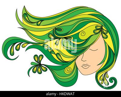 Beautiful female head with long adorned flowing green hair, vector illustration Stock Vector