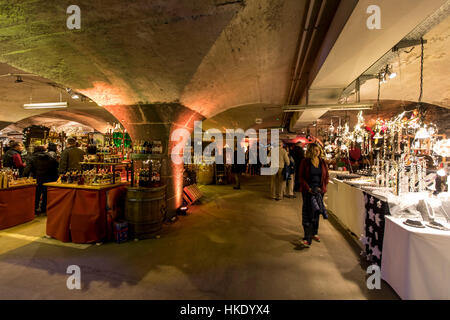 Underground Christmas market, Christmas market in old wine vault in Traben-Trarbach, on the Moselle, here the cellars of the Moselschlosschen,Germany Stock Photo