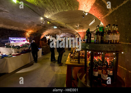 Underground Christmas market, Christmas market in old wine vault in Traben-Trarbach, on the Moselle, here the cellars of the Moselschlosschen,Germany Stock Photo