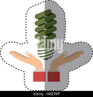 colorful sticker of hands holding a modern light bulb Stock Vector