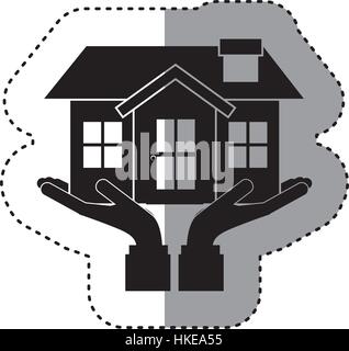 sticker silhouette of hands holding a house with chimney Stock Vector