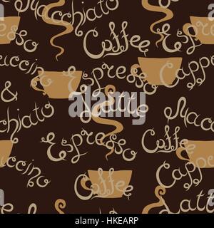 Coffee seamless pattern. Lettering. Latte Macchiato, Espresso, Cappuccino. Cup of Coffee. Stock Vector