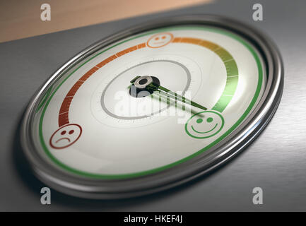 Conceptual 3D illustration of a gauge with needle pointing to the maximum satisfaction icon, horizontal image. Customer satisfaction concept. Stock Photo