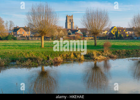 Sudbury Suffolk, winter view of the River Stour passing through the water meadows along the southern edge of the town of Sudbury in Suffolk, UK. Stock Photo