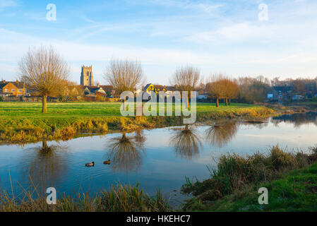 Sudbury Suffolk, winter view of the River Stour passing through the water meadows along the southern edge of the town of Sudbury in Suffolk, UK. Stock Photo