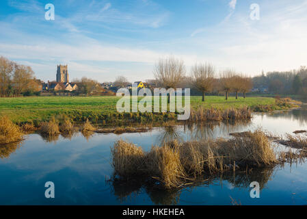 Sudbury Suffolk river, winter view of the River Stour passing through the water meadows along the southern edge of the town of Sudbury in Suffolk, UK. Stock Photo