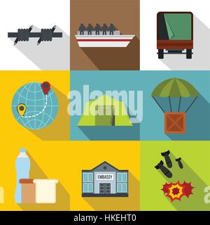 Refugees icons set. Flat illustration of 9 refugees vector icons for web Stock Vector