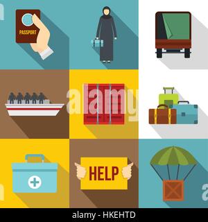 People refugees icons set. Flat illustration of 9 people refugees vector icons for web Stock Vector