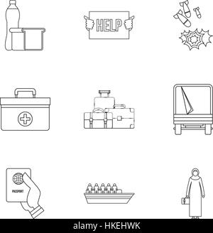 Refugees icons set. Outline illustration of 9 refugees vector icons for web Stock Vector